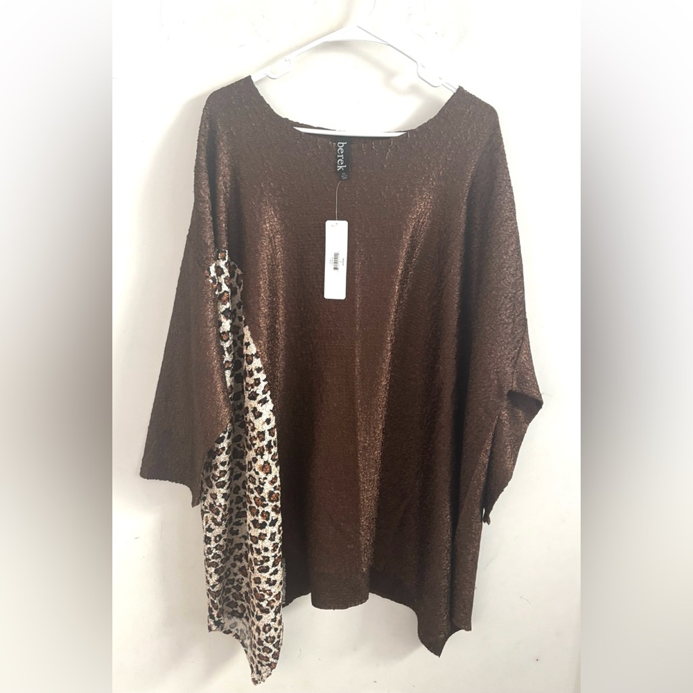 berek Metallic Brown Dolman Blouse with Leopard Accent